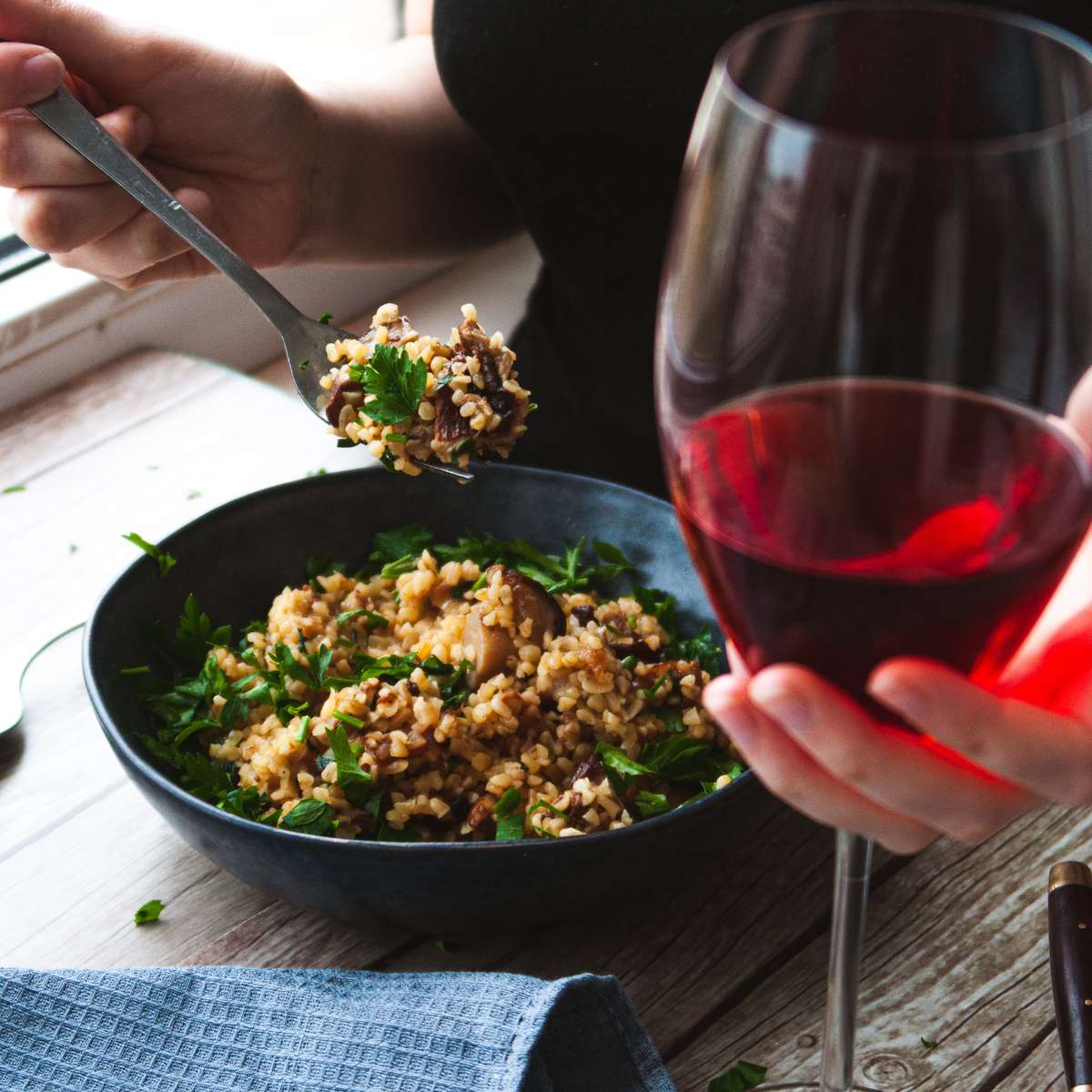 red wine and healthy dish