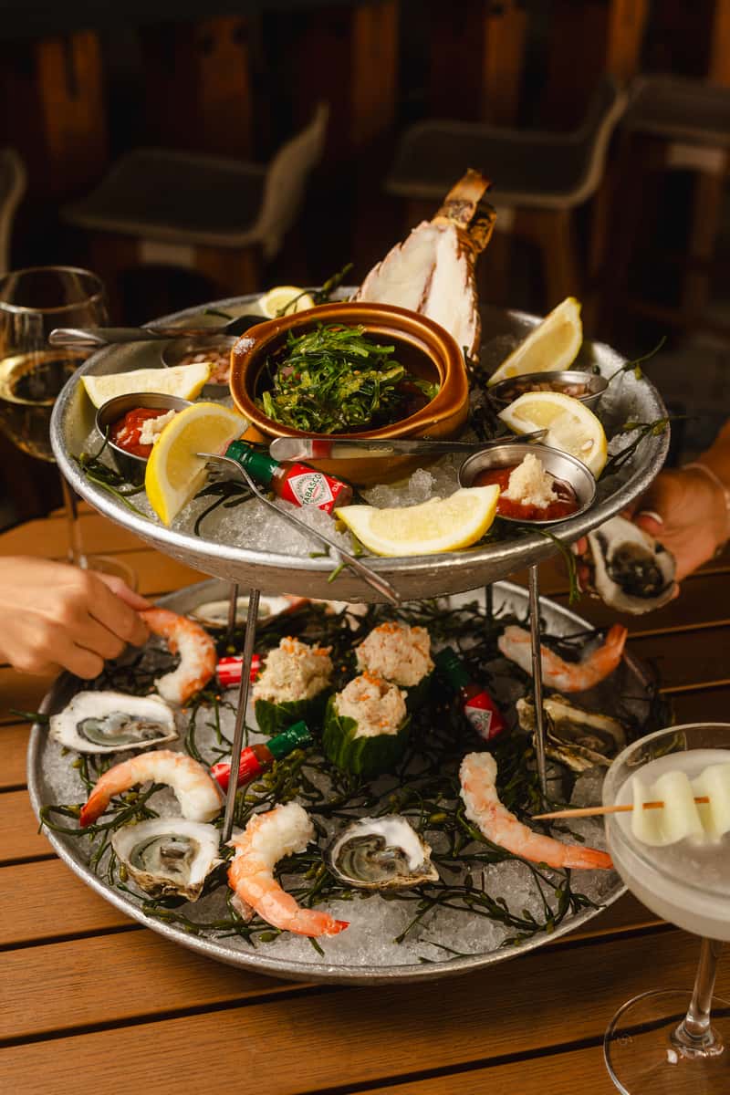 Seafood Tower with oysters, shrimp cocktail