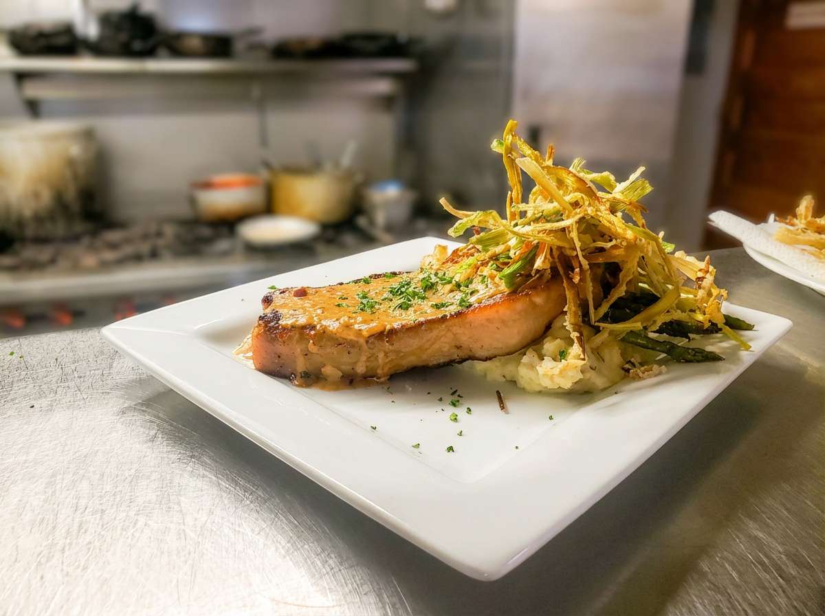 Pork chop with creamy sauce and herbs, mashed potatoes, fried asparagus, and thinly sliced crispy vegetables on a white plate.