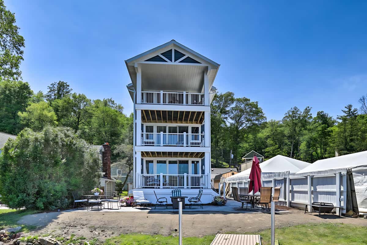 Lakeside building at Beachcomber with scenic views of Conesus Lake and outdoor gathering spaces.