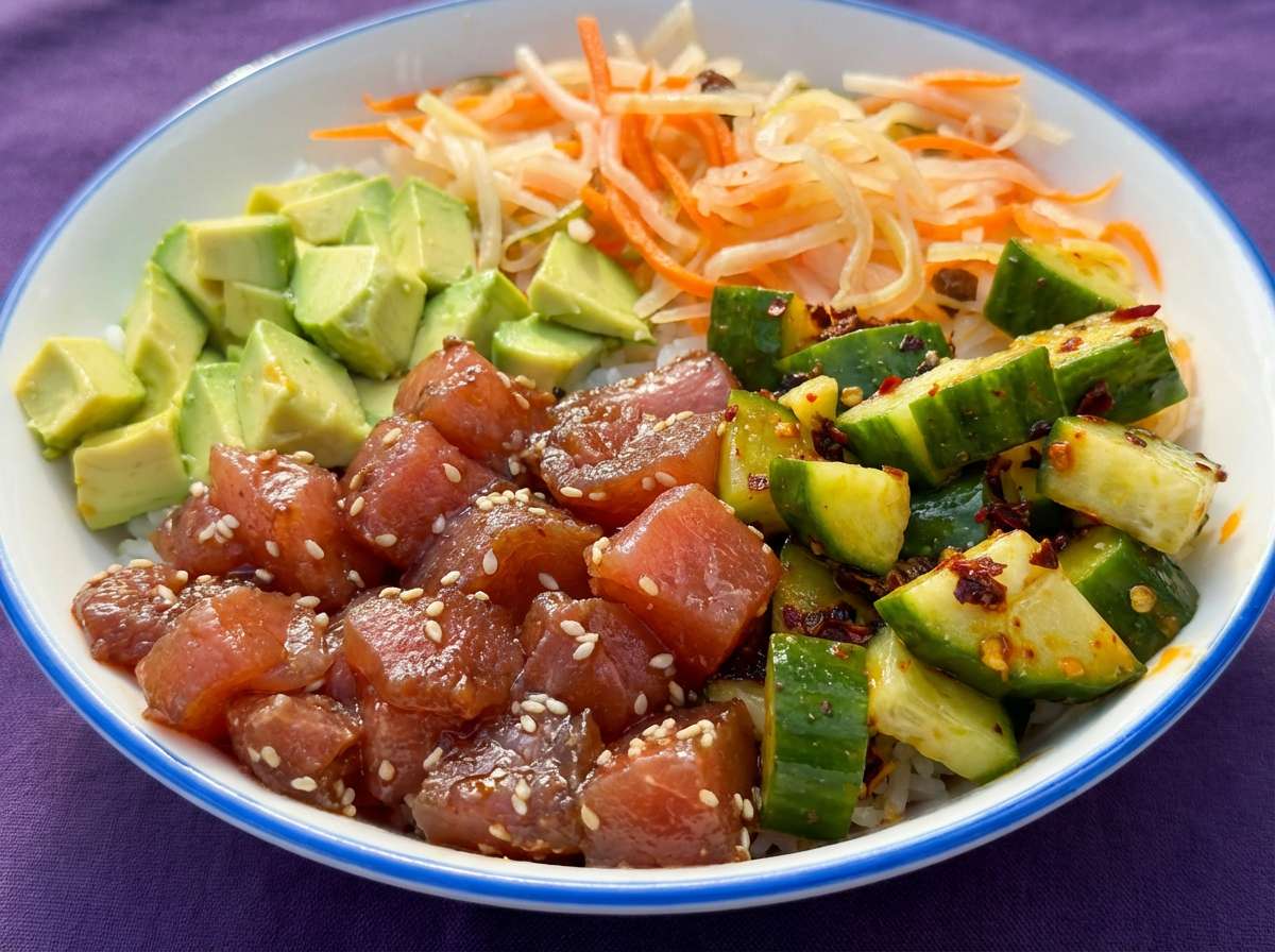 Poke bowl with cubed tuna, avocado, seasoned cucumbers, and julienned carrots and daikon radish over rice.