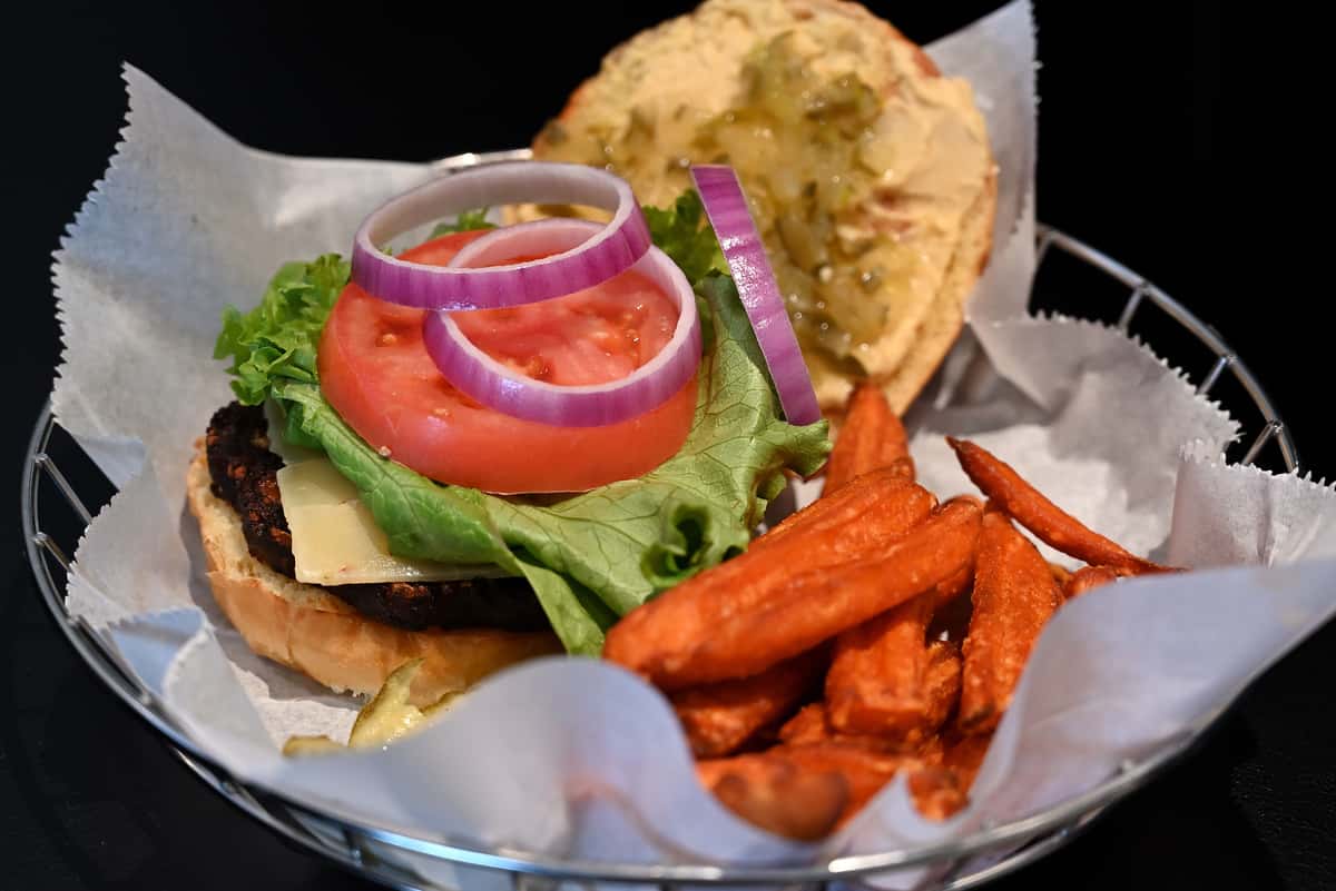 burger and sweet potato fries