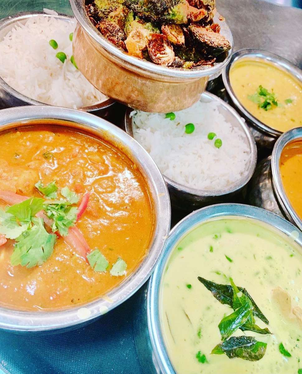 spread of sauces and entrees