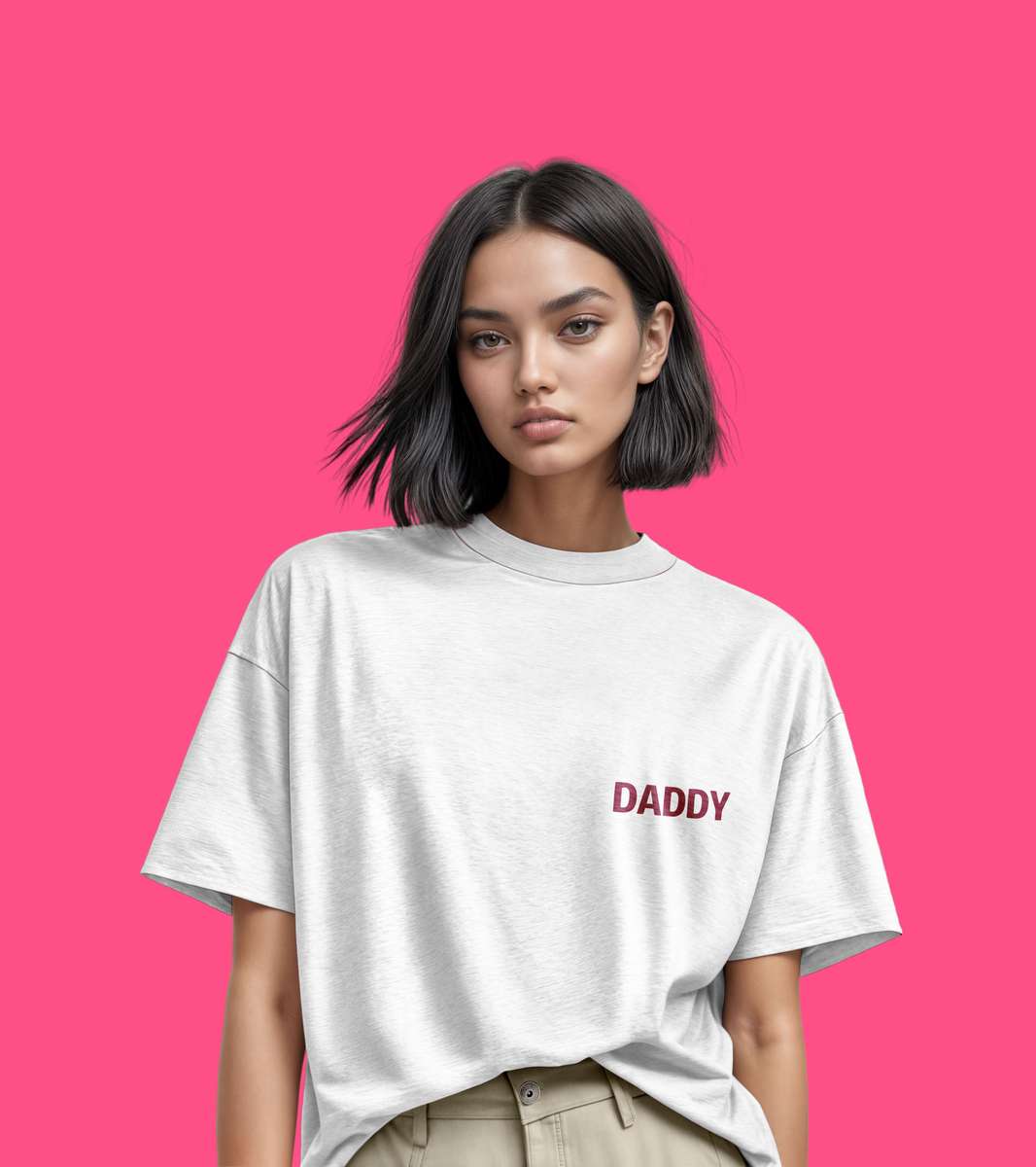 Model wearing a t-shirt with the word Daddy