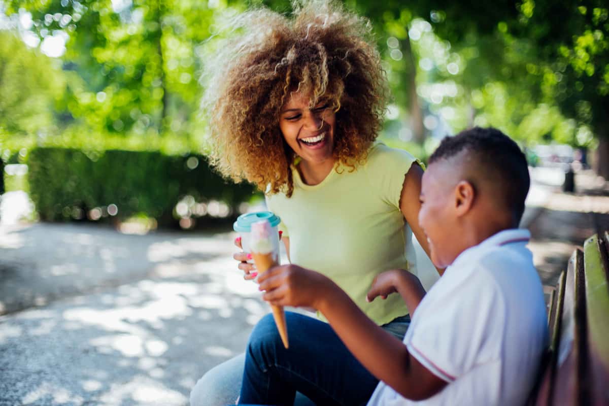 mother and son holding an ice cream