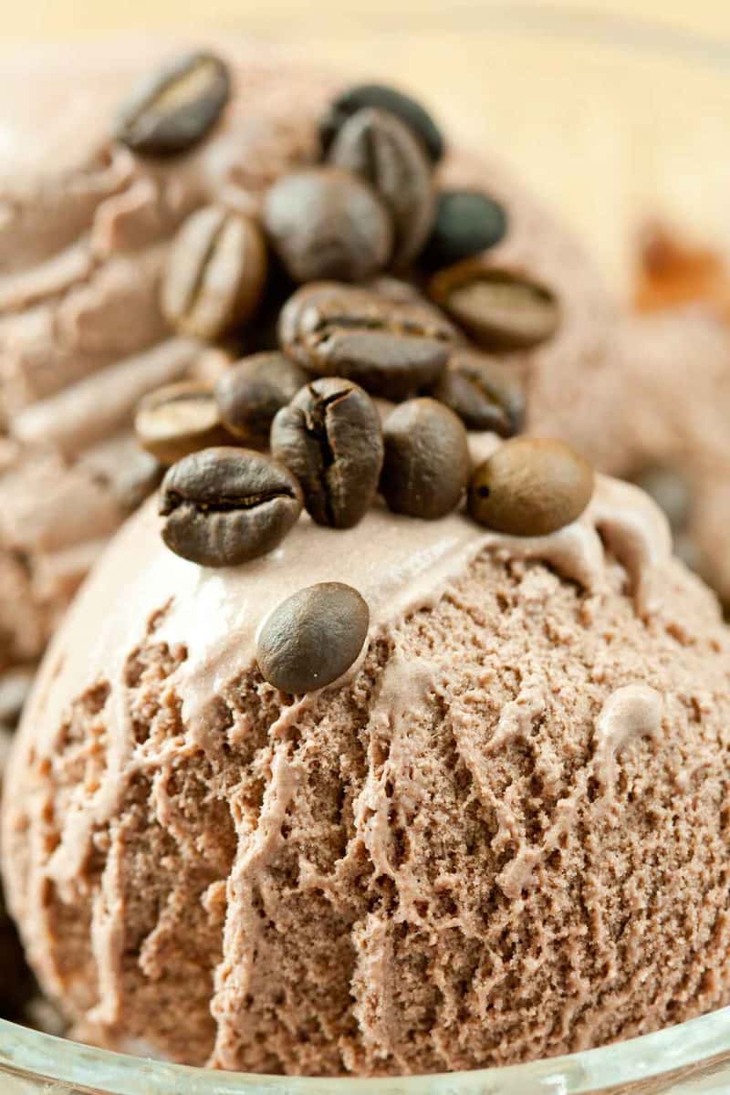 coffee ice cream with coffee beans on top