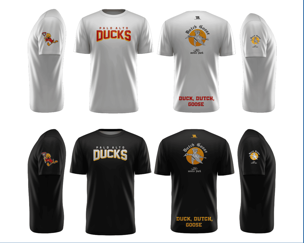 White and black Palo Alto Ducks T-shirts shown front, back, and side, featuring Duck Goose graphics and "Duck, Dutch, Goose" text.