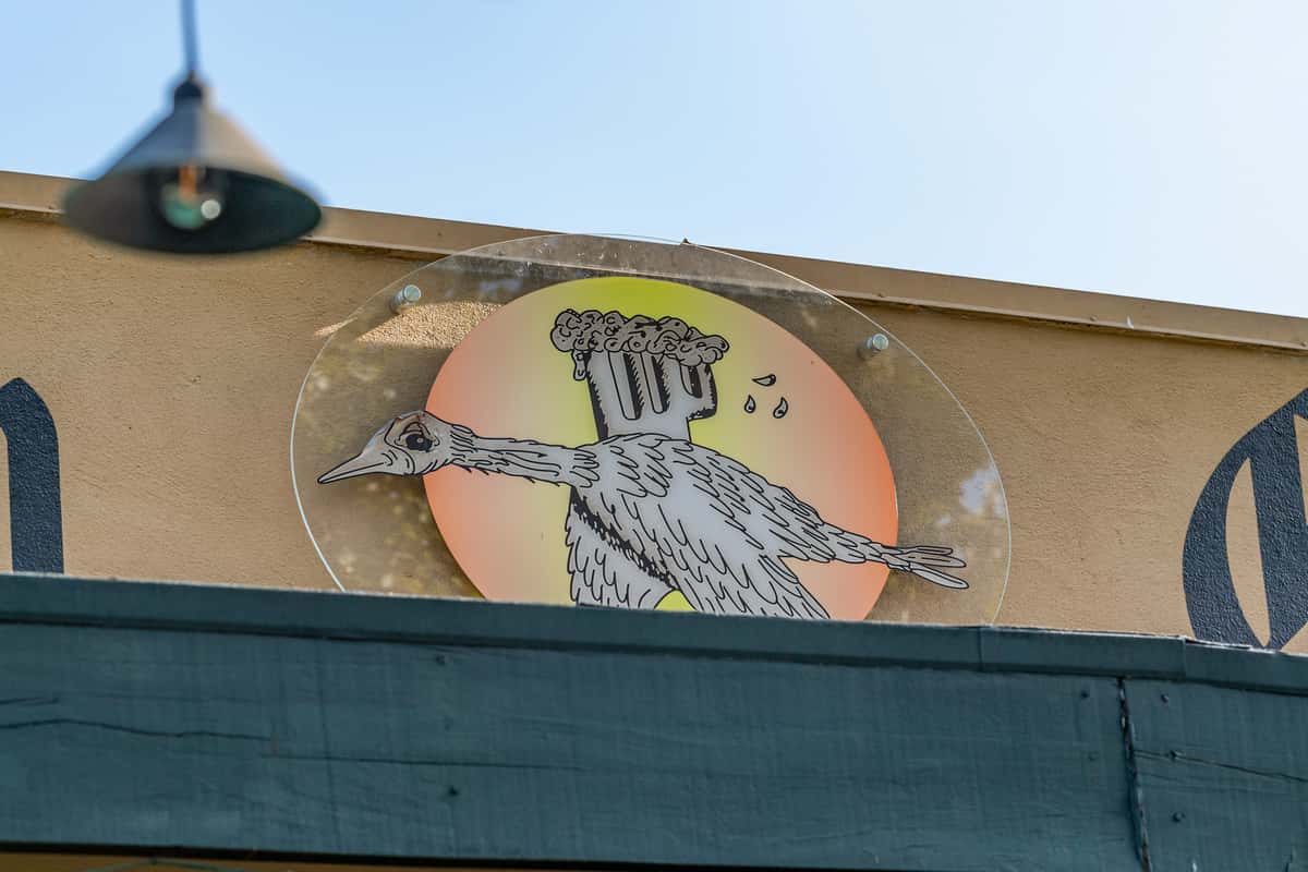 Close-up of the Dutch Goose logo featuring a cartoon-style goose with a frothy beer mug on its head, mounted on a circular gradient sign above the restaurant's exterior wall.
