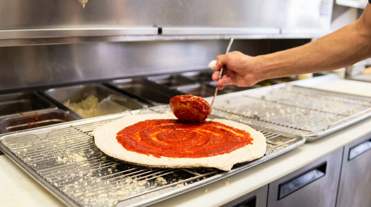 Hand spreading red tomato sauce on raw pizza dough with a ladle on a metal grate in a kitchen.