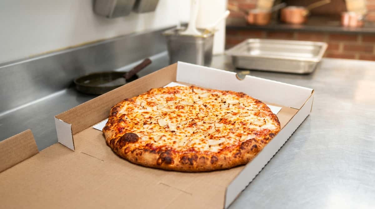 Chicken pizza with melted cheese and red sauce in an open cardboard box on a metal counter.