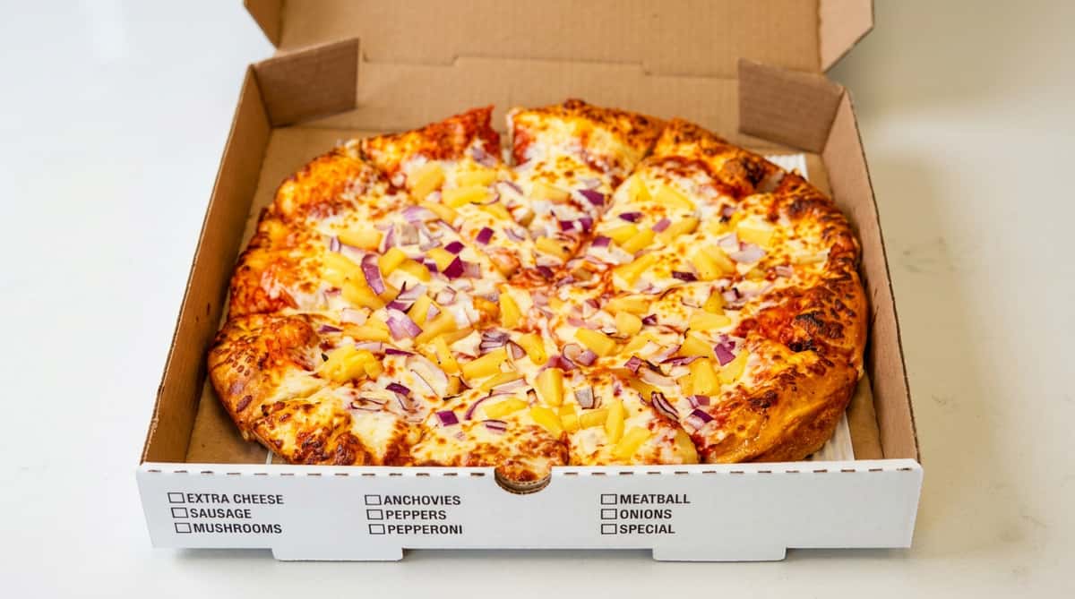 Pizza with pineapple and red onion toppings in a cardboard delivery box, held by hands.