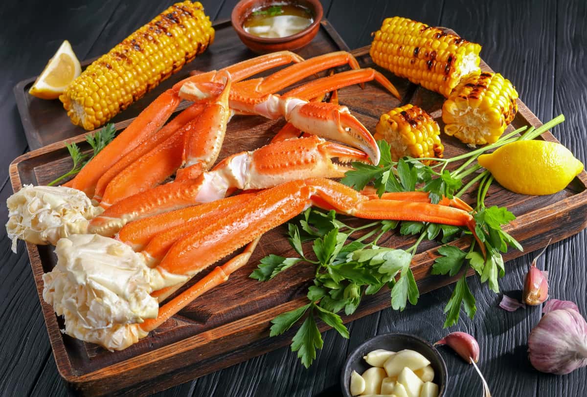 King crab legs with corn