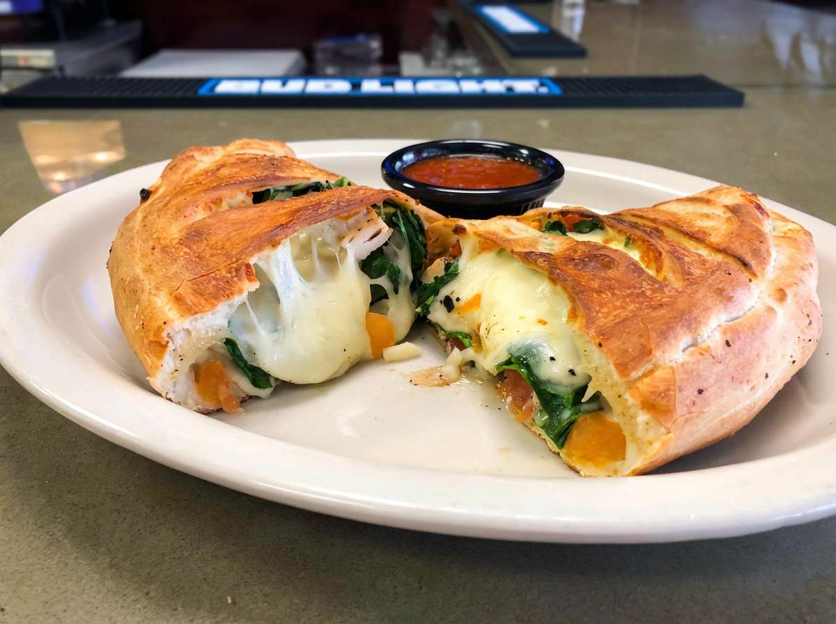 A golden-brown calzone is sliced open to reveal a rich, melty filling of mozzarella cheese that stretches between the halves. Inside, you can see layers of fresh spinach and seasoned ingredients tucked into the soft, fluffy interior. The crust is perfectly baked with a glossy, lightly crisp exterior. It's served on a white plate with a side of marinara sauce for dipping, adding a vibrant touch of color and extra flavor to this warm, cheesy Italian favorite.