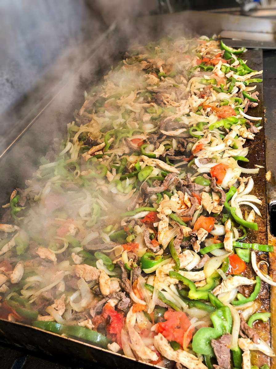 A sizzling flat-top grill is covered with a colorful mix of freshly cooked ingredients. Steam rises from a blend of thinly sliced meat, sautéed onions, green and red bell peppers, and chopped tomatoes. The vegetables appear tender yet vibrant, while the meat is browned and caramelized, suggesting bold seasoning and fresh preparation. The scene captures the heat and energy of a busy kitchen, highlighting a flavorful Mexican-style dish being cooked to perfection.