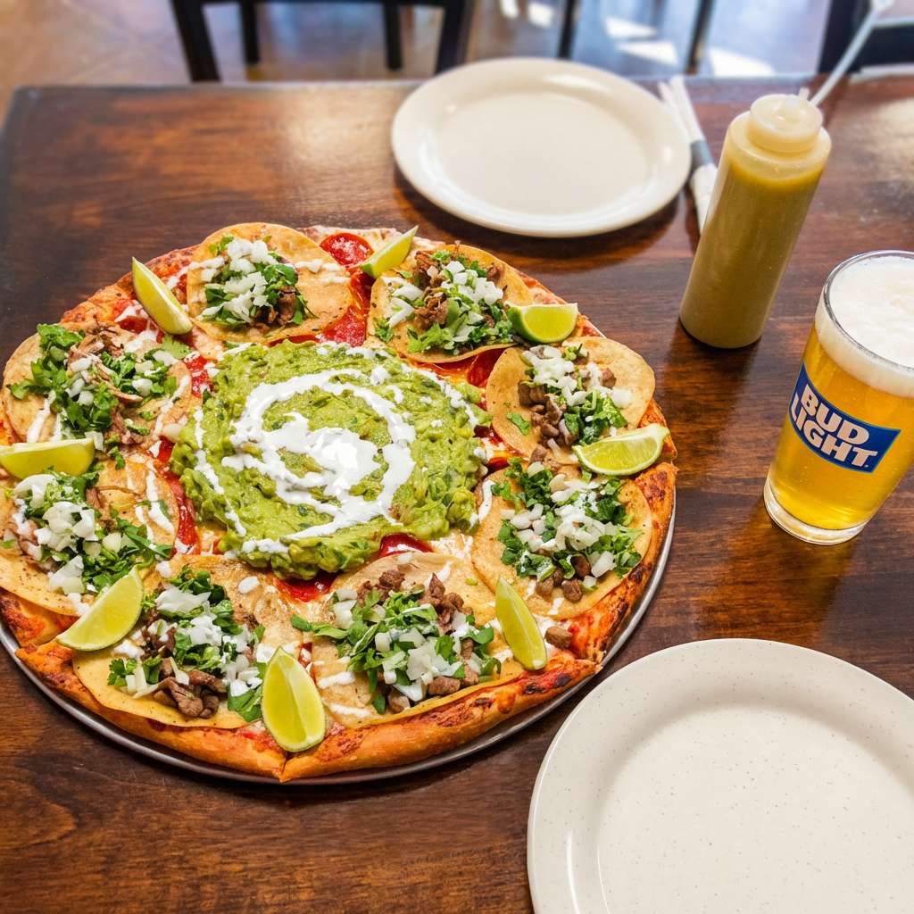 A colorful Mexican-style pizza is beautifully arranged on a wooden table, topped with fresh shredded lettuce, diced tomatoes, chopped cilantro, crumbled cheese, and evenly spaced avocado slices. A swirl of sour cream decorates the center, adding a creamy finish. Lime wedges line the edges of the golden crust, enhancing the vibrant presentation. Beside the pizza, a squeeze bottle of sauce and a chilled draft beer create a casual, inviting dining atmosphere.