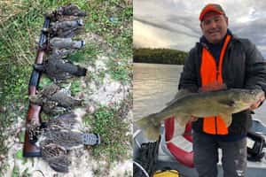 man holding a fish | dead birds on a shot gun