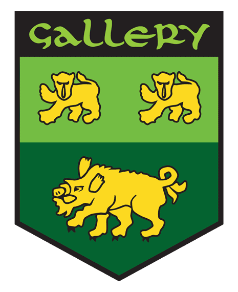 Gallery. green and yellow crest with two cubs and a boar on it.