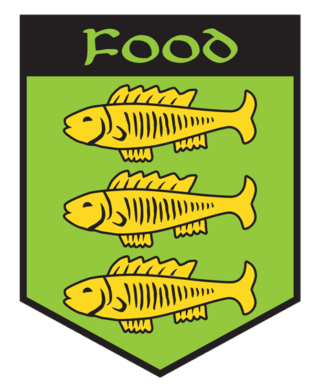 Food. green and yellow crest with three fish on it.