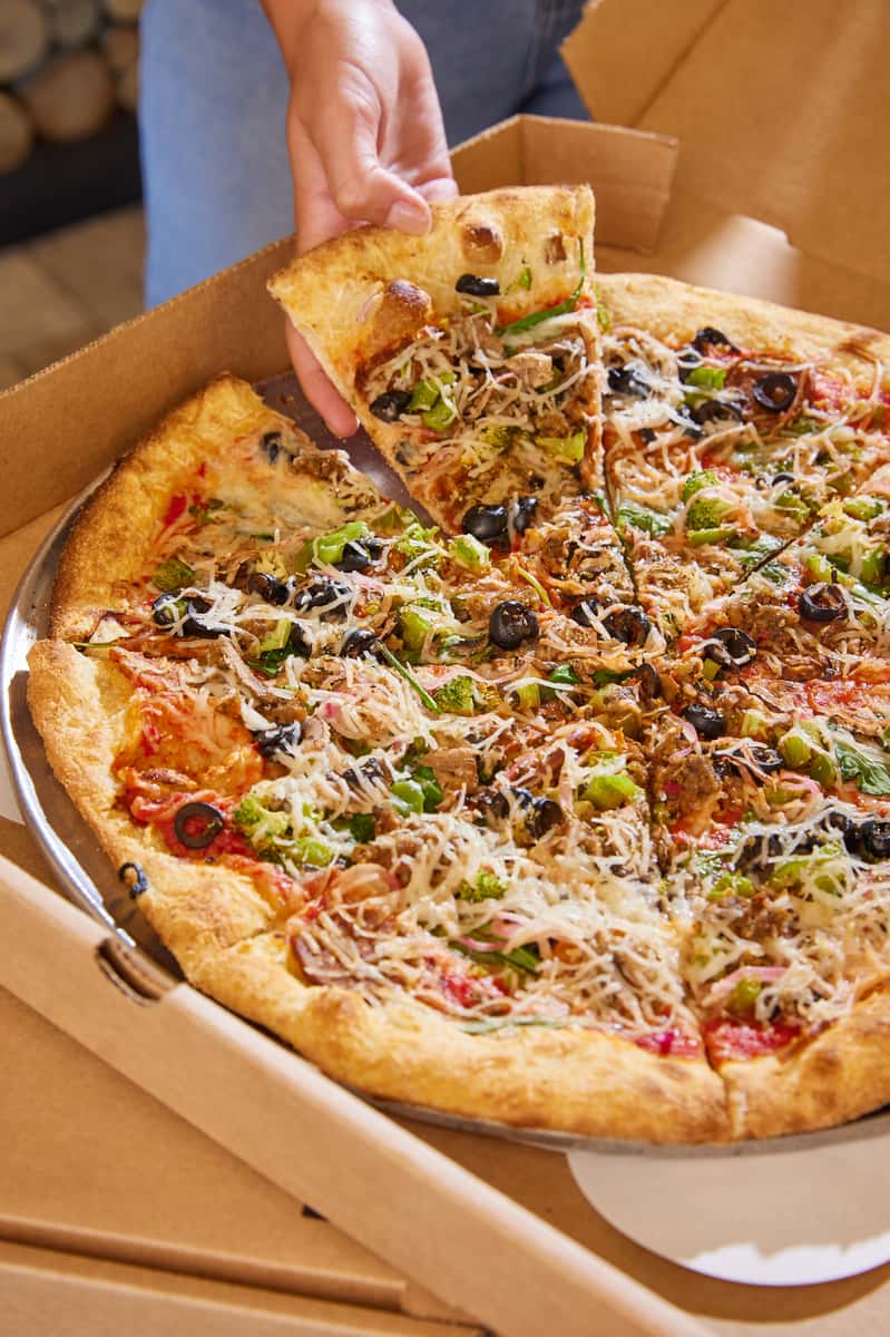 vegan pepperoni, vegan sausage, vegan cheese, green peppers, mushrooms, black olives, red onions, fresh spinach & broccoli