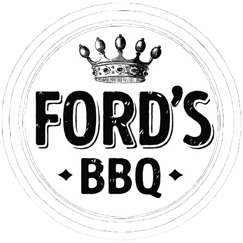 A logo for "Ford's BBQ," featuring bold text with a crown above it and a circular border. The design has a vintage and rustic feel.