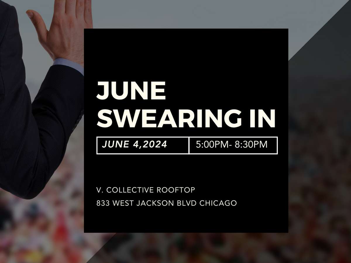 Event flyer for a June swearing-in ceremony on June 4, 2024, from 5:00 PM to 8:30 PM at V. Collective Rooftop, Chicago.
