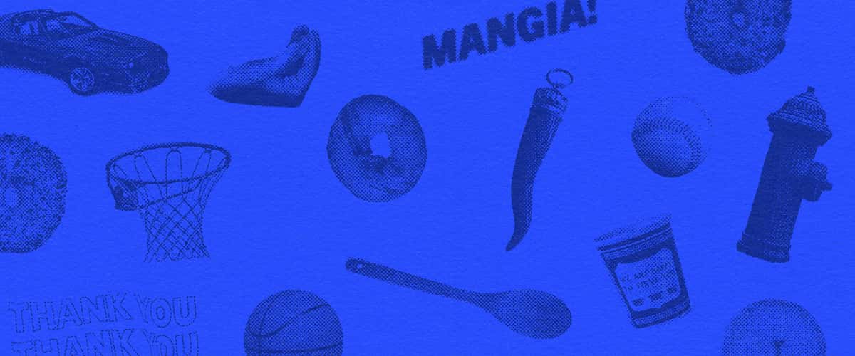 collage-style blue background with food and sports illustrations