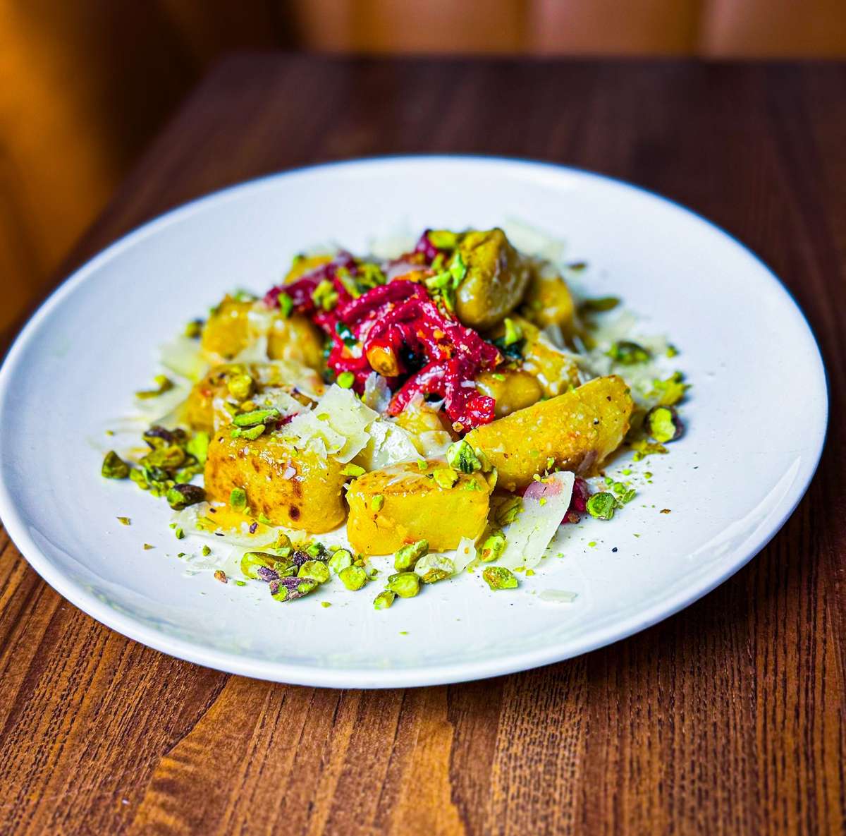 Seared Gnocchi sundried tomato, pistachio, basil, parmesan, garlic butter