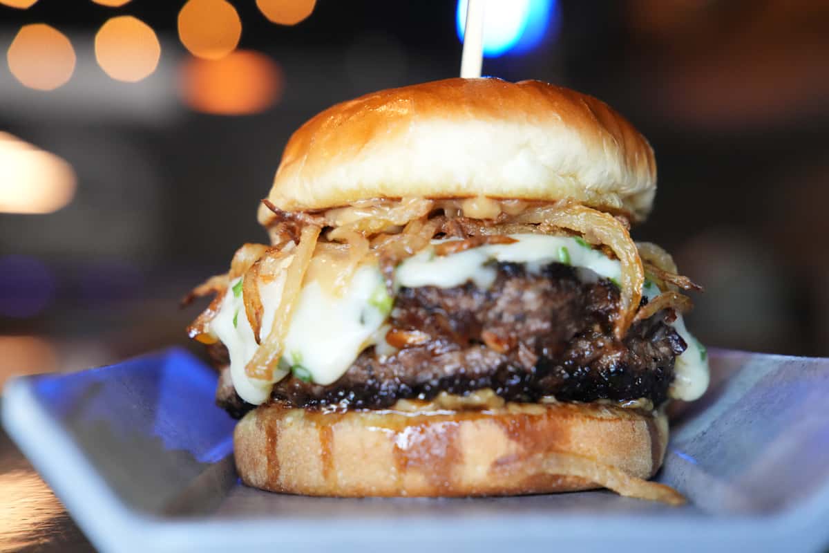 French onion bomb burger