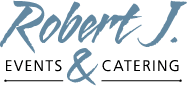 Logo for Robert J. Events & Catering, featuring elegant script text in blue with bold black uppercase lettering below.