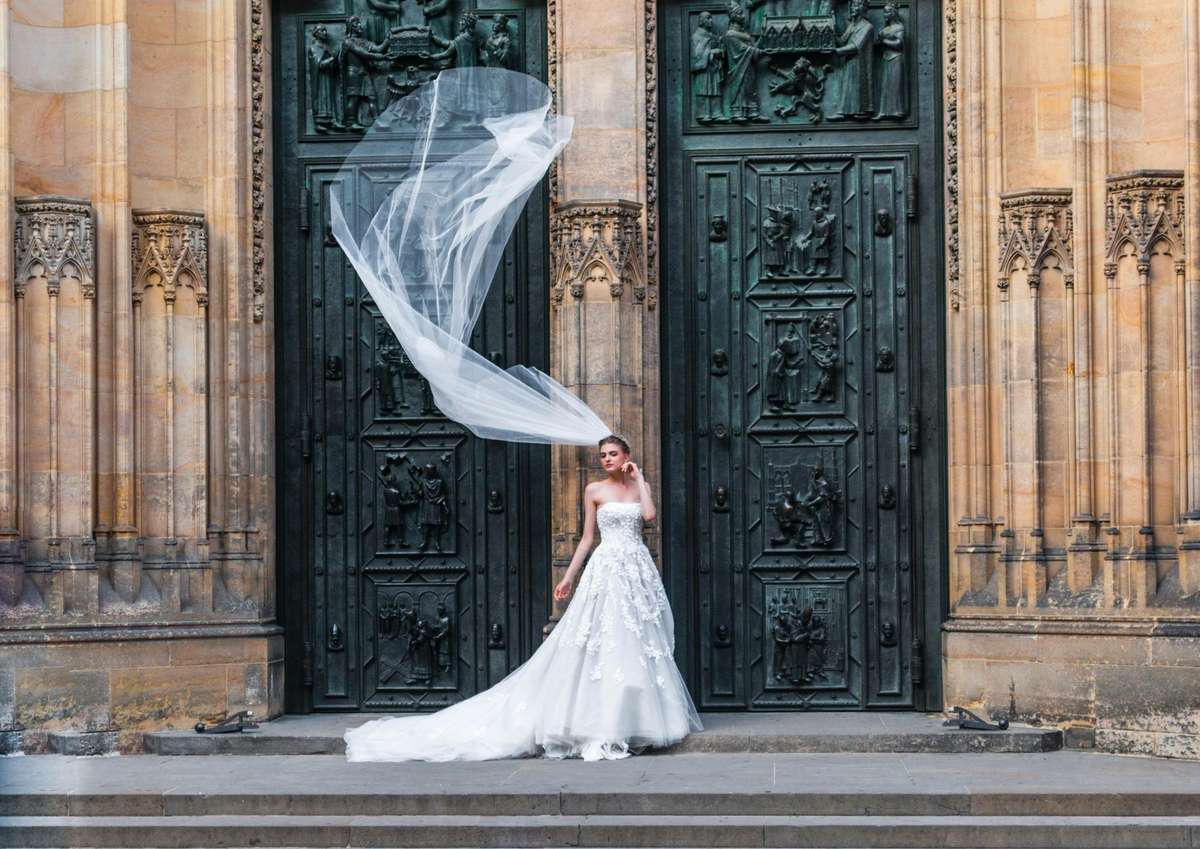 creative shot of bride in front of church