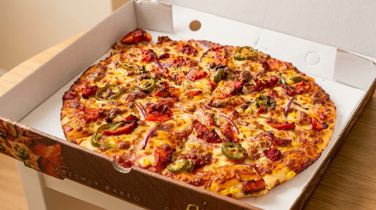 Whole pizza in a white box with cheese, red onions, green jalapeños, red peppers, and corn toppings.