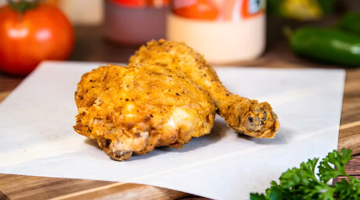 Two pieces of fried chicken, a drumstick and a thigh, with crispy seasoned skin on white paper.