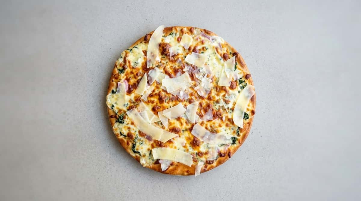 Artisan white pizza topped with mixed cheeses, herbs, and Parmesan shavings on a lightly charred crust against a clean minimalist background