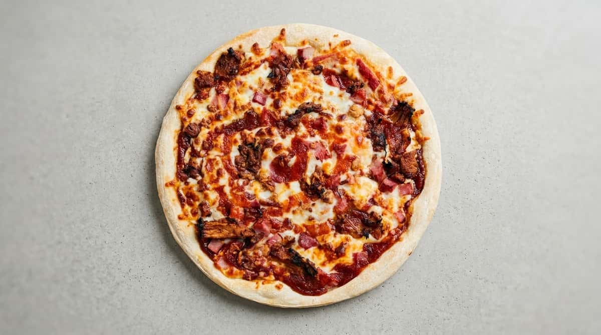 BBQ meat pizza with smoky sauce, crispy bacon pieces, and melted mozzarella on a hand-tossed crust, overhead restaurant-style presentation