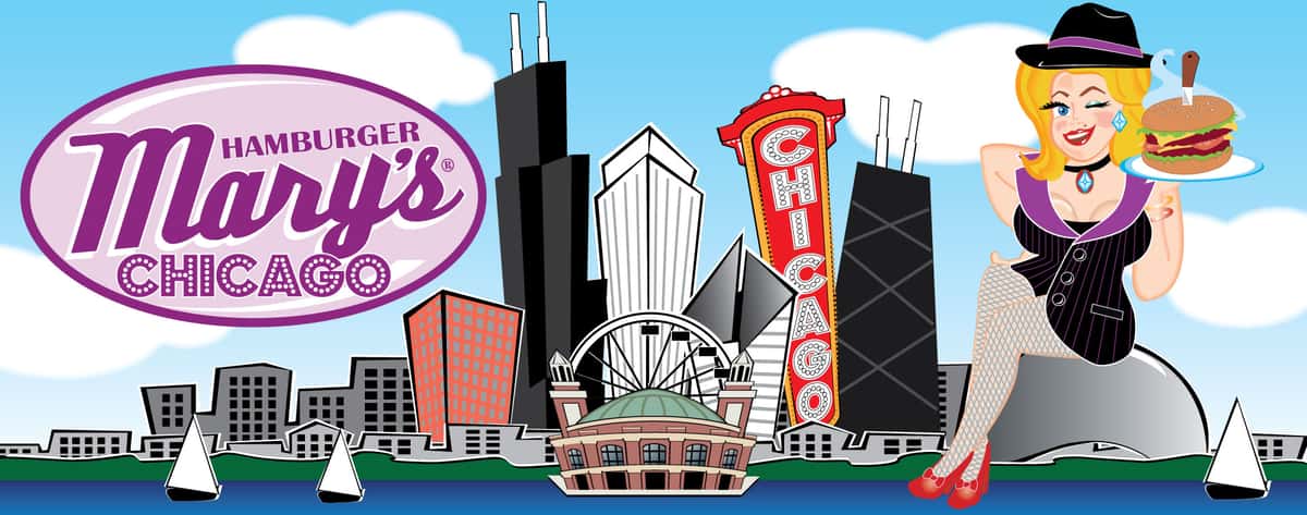 Illustrated skyline of Chicago with Hamburger Mary's logo and Mary character holding a burger