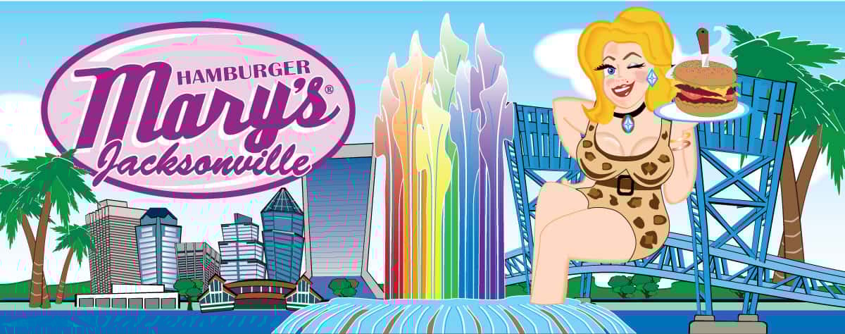 Hamburger Mary's Jacksonville... Our Mary Character sitting on a bridge with the Jacksonville skyline