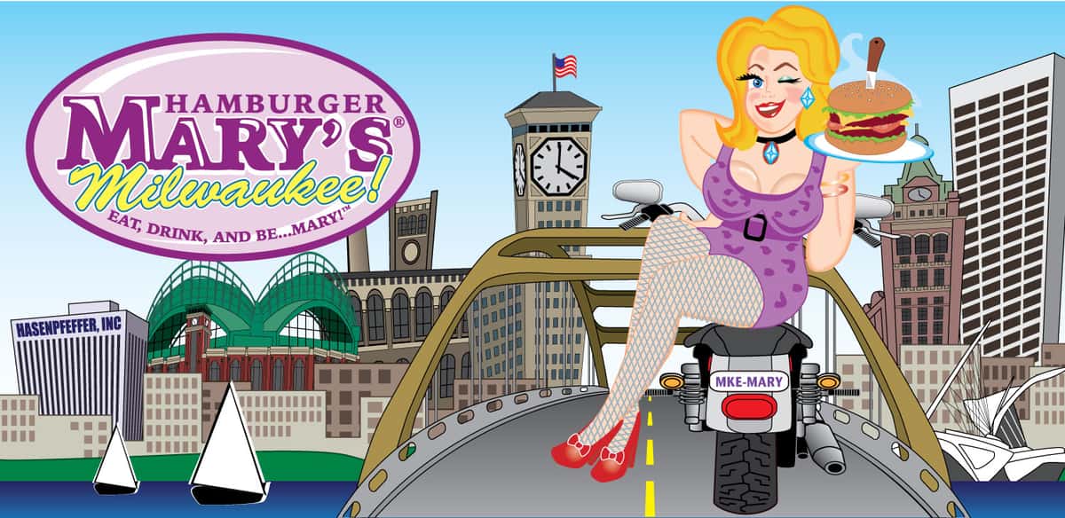 Cartoon Milwaukee skyline with Mary riding a motorcycle across the Hoan bridge