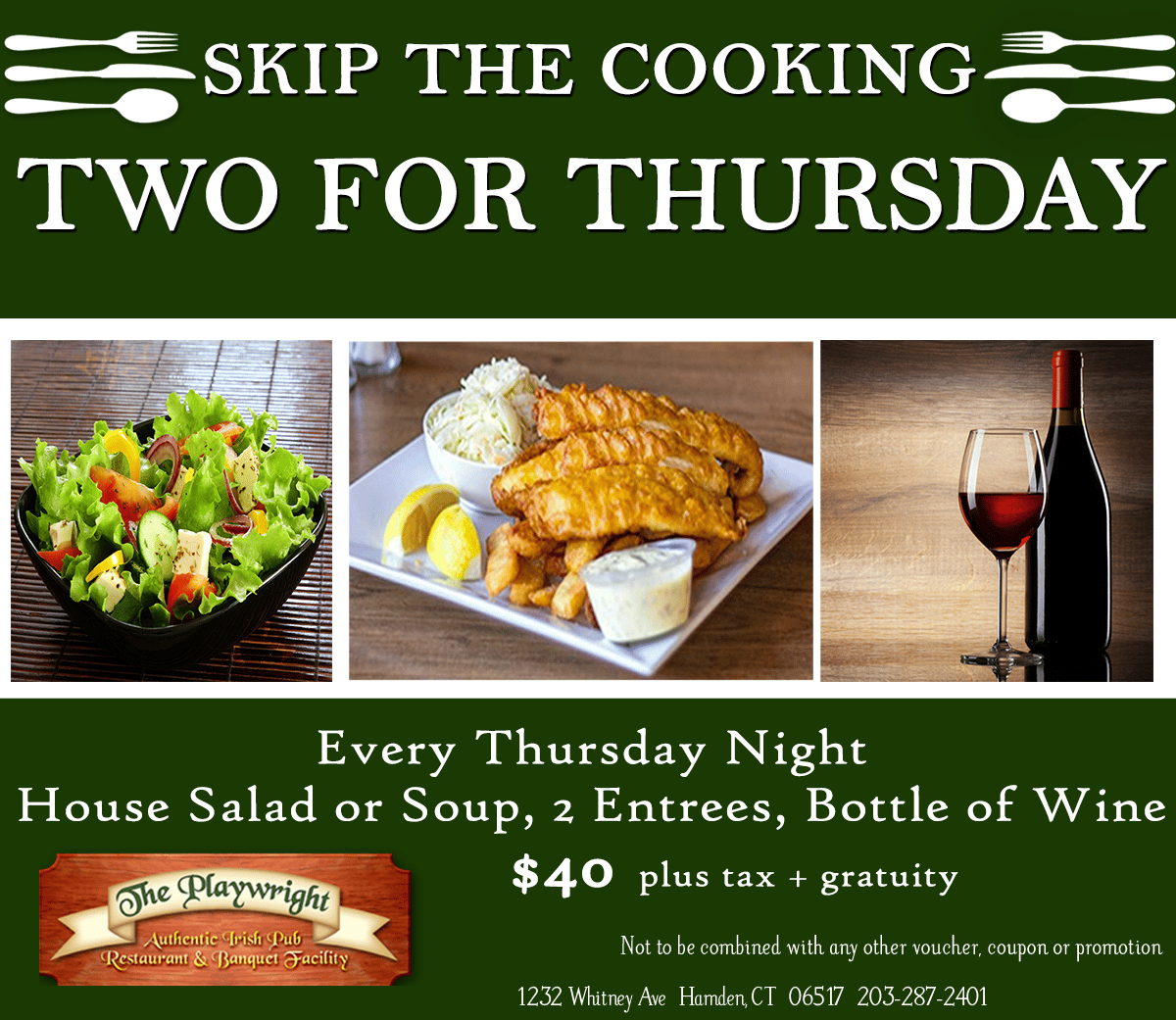 Skip the Cooking Two for Thursday $40 + tax and gratuity