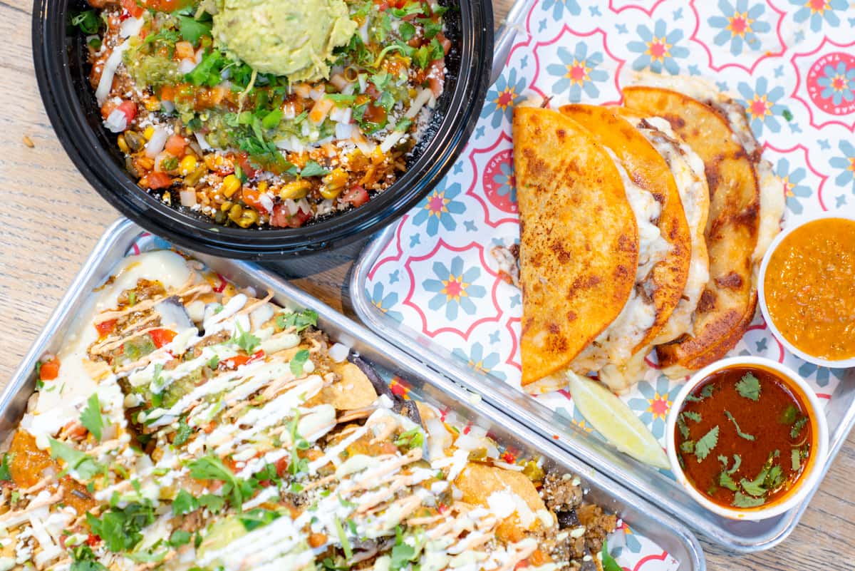 table shot of quesatacos and more