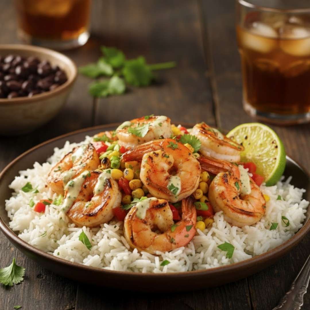 The image showcases a plate of grilled shrimp served over a bed of fluffy white rice. The dish is topped with a mixture of corn, red bell pepper, and cilantro, along with a drizzle of creamy sauce. A lime wedge adds a touch of freshness to the vibrant, flavorful meal. In the background, there are black beans and a drink with ice, creating a well-rounded, satisfying meal.