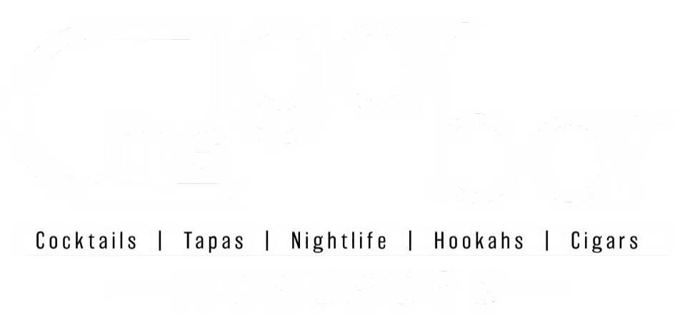 The image appears to be a logo for a business called "Cigar Bar" offering cocktails, tapas, nightlife, hookahs, and cigars.
