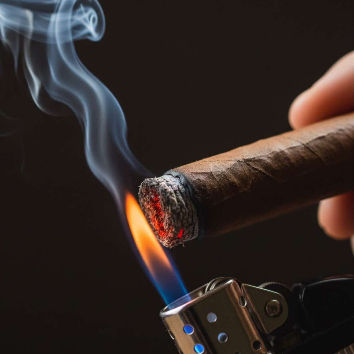 A hand holds a lit cigar with smoke rising from the tip, while a lighter illuminates the glowing embers.