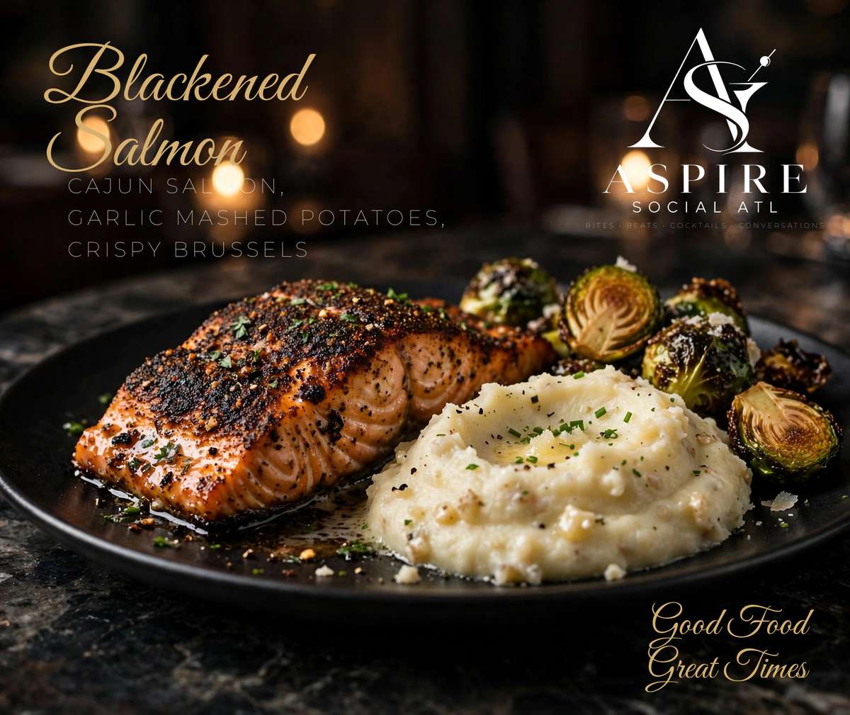 Photorealistic blackened salmon plated with garlic mashed potatoes and crispy brussels sprouts.