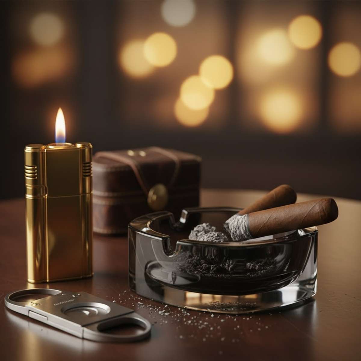 A golden lighter, cigar cutter, and a cigar ashtray with cigars and ash, set in front of a blurred, warm background.