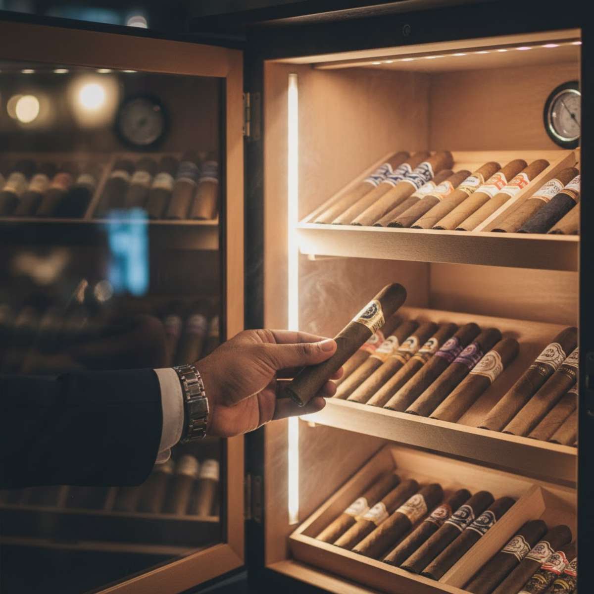A person in a suit selects a cigar from a well-lit humidor filled with various cigar brands, with a slight wisp of smoke.