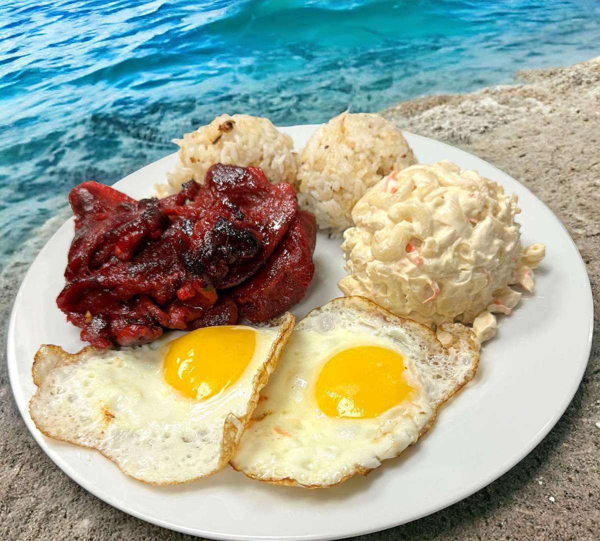 plate lunch with meat, rice, two eggs, and mac salad