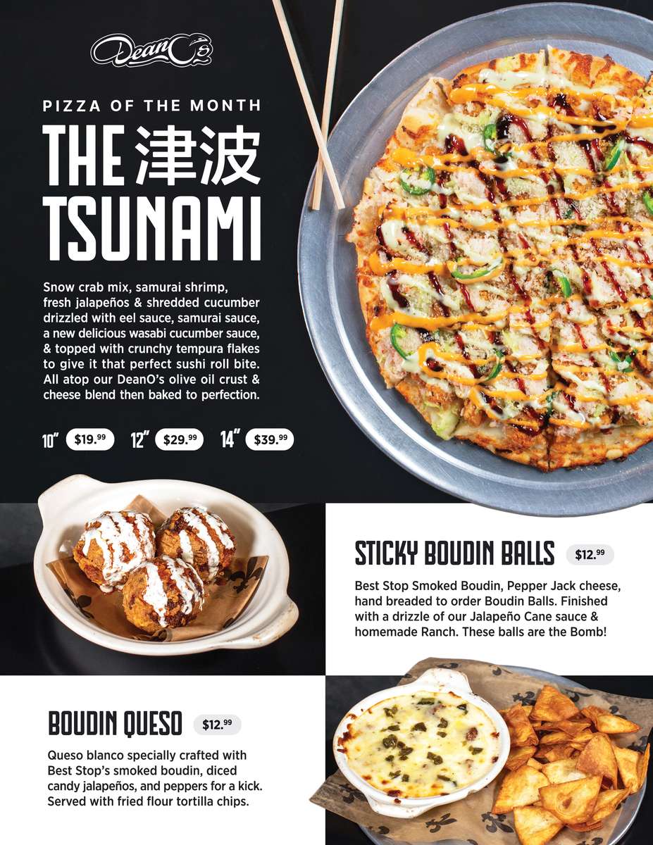 Tsunami pizza, boudin balls, and boudin queso.