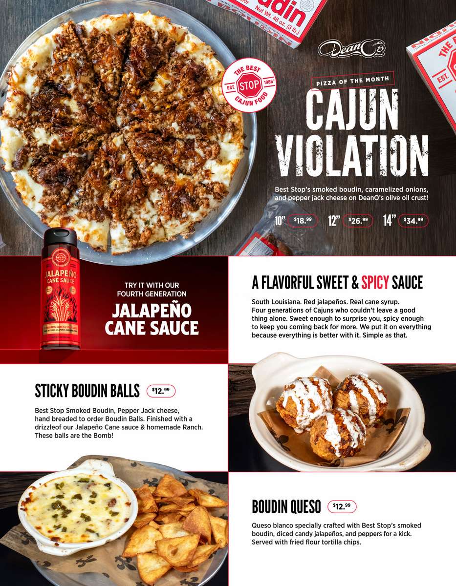 Cajun Violation, Boudin Balls, and Boudin Queso for the monthly specials