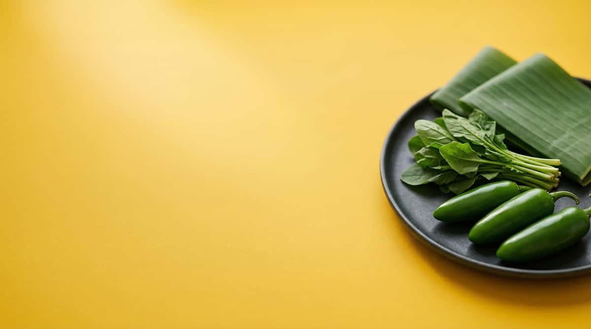 Fresh Mexican ingredients including jalapeños, leafy greens, and banana leaves arranged on a plate against a bright yellow background