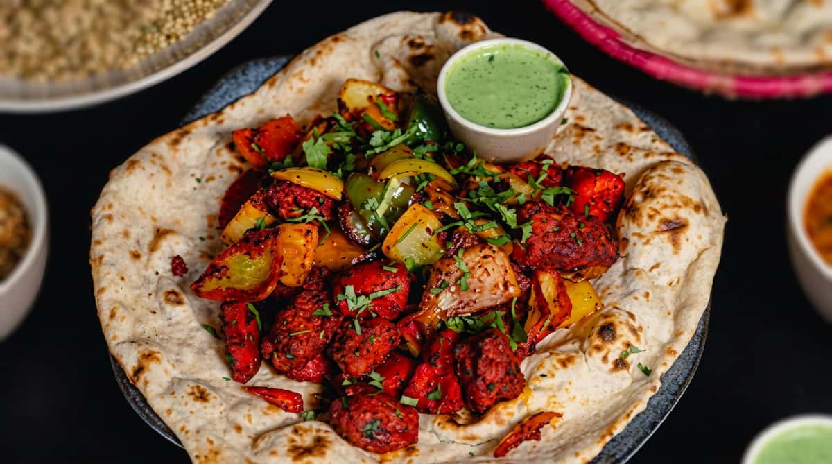 Fresh naan topped with colourful chicken tikka pieces, grilled peppers, onions, herbs and green chutney.